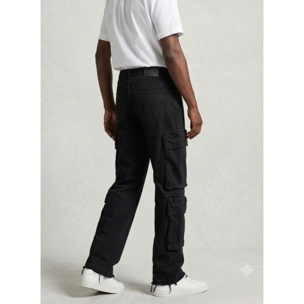 Decibel TALL Men's W36 L37 Multi-Pockets Black Cargo Jeans Raw Hems Streetwear